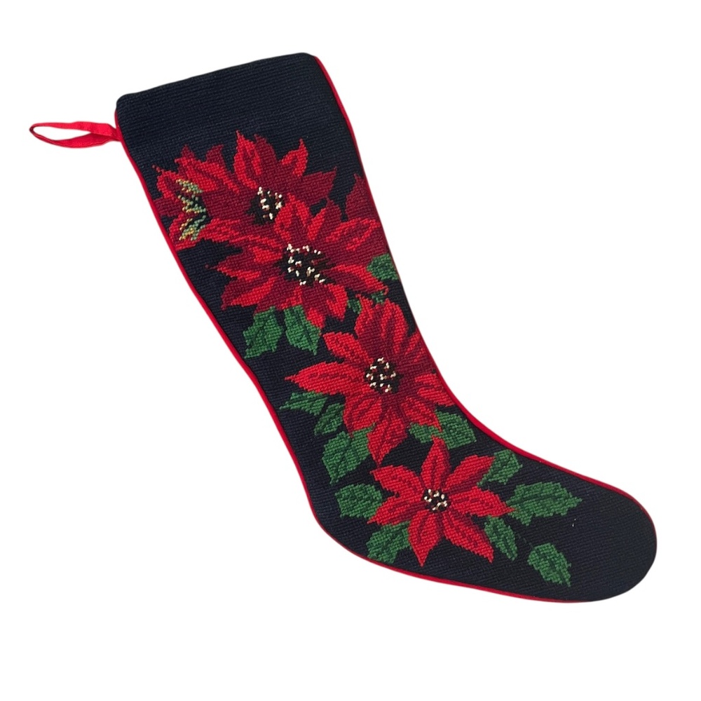 Vintage Imperial Elegance Needlepoint Christmas Stocking Poinsettia Wool 1991